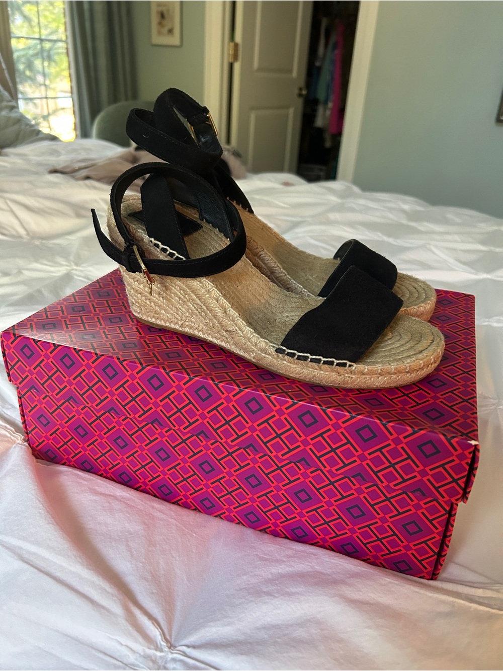 Tory Burch Black Espadrille Wedge Sandals with Ankle Wrap